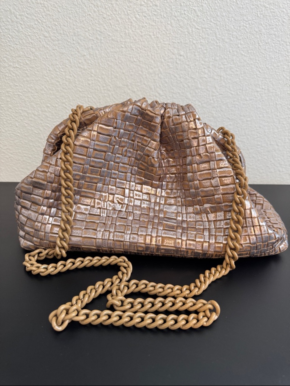 Maria La Rosa Metallic Woven Chain Bag Italian Made Slouchy Pouch Crossbody